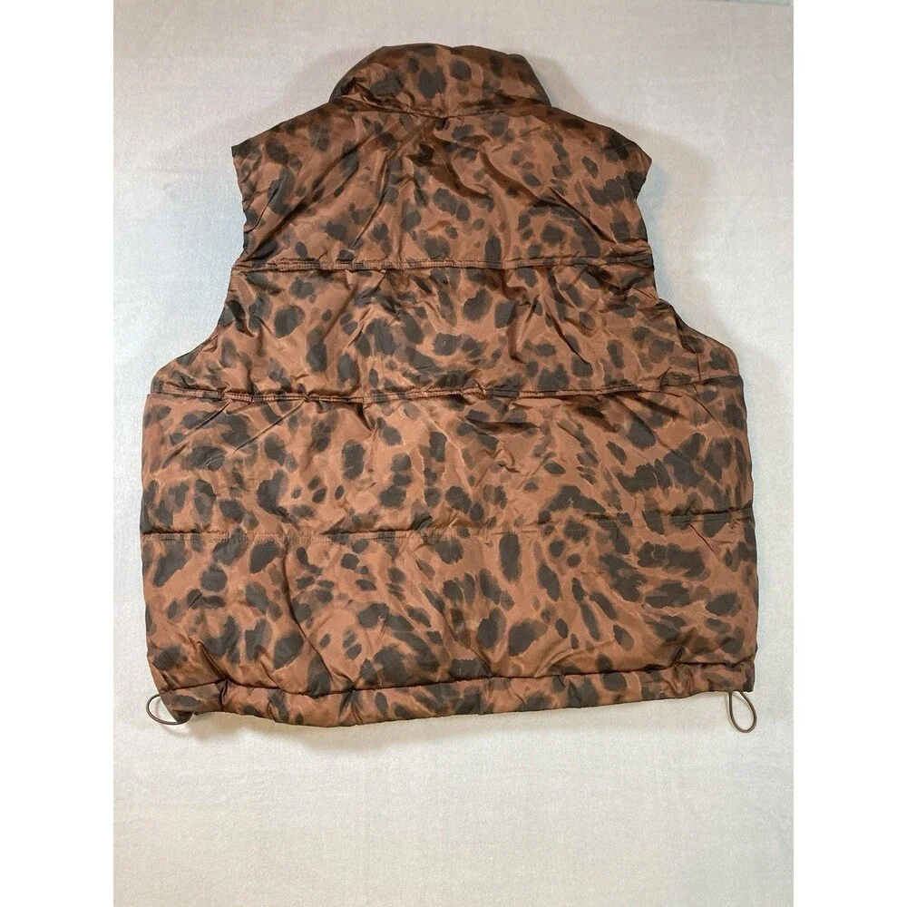 Old Navy Women’s Large Brown Black Animal Print Puffer Vest Sleeveless Pockets - Picture 2 of 7
